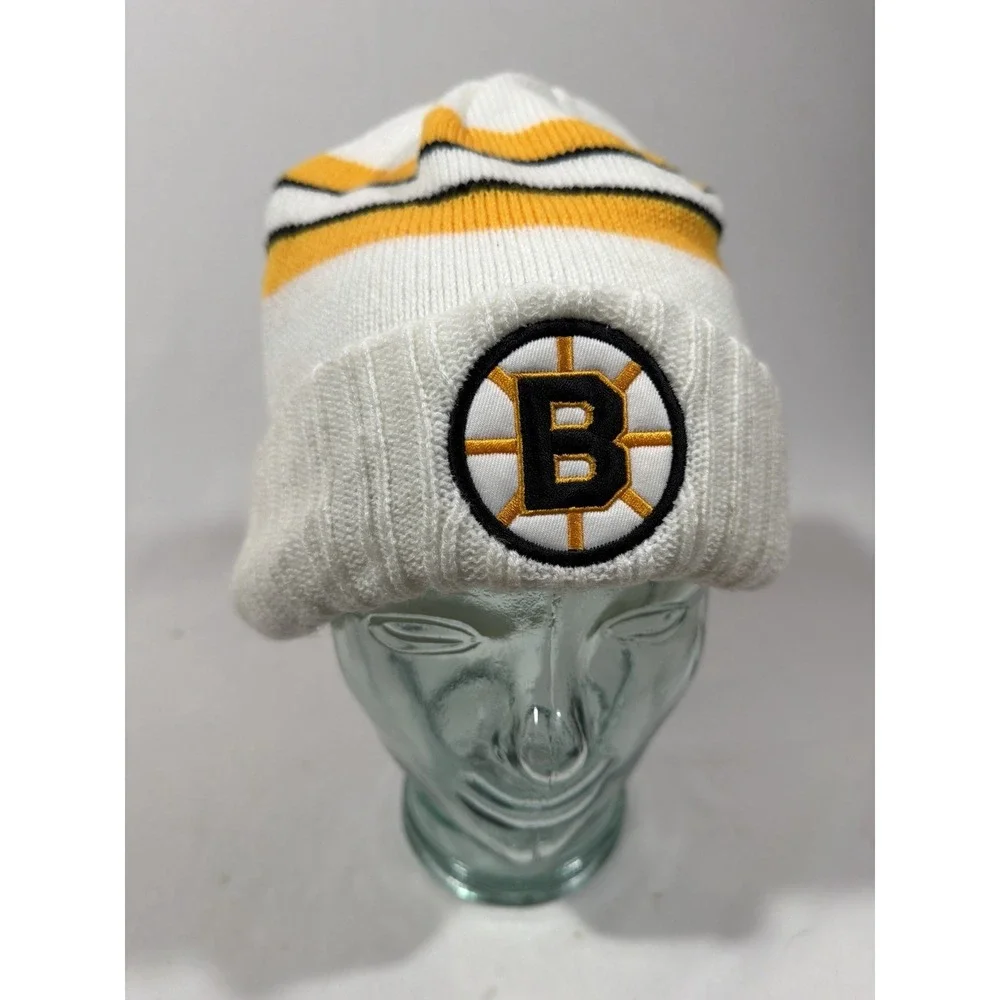 Vintage Boston Bruins Beanie White Stripe‎ NHL Hockey Streetwear Knit Cap